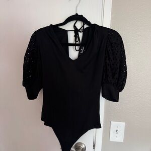 Lulu's Black Asymmetrical Tie Front Bodysuit